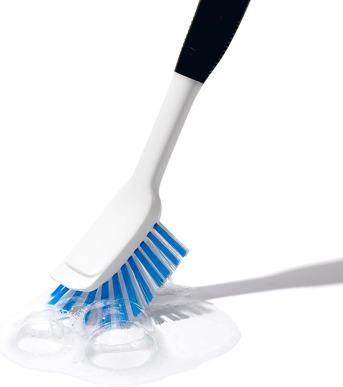 OXO Good Grips Dish Brush, Nylon Bristles with Built-in Scraper, Safe for Non-Stick Cookware, Non-Slip Handle, Dishwasher Safe