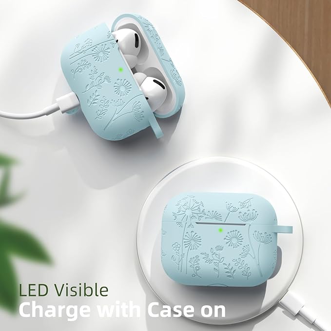 Lerobo for Airpod Pro Case/Airpod Pro 2 Case Cover, Flower Engraved Cute Silicone Skin Full Protective Cover Compatible with Apple Airpods Pro 2nd/1st Generation Case with Keychain, Turquoise