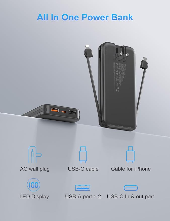 Portable Charger with Wall Plug, 10000mAh USB C Power Bank Fast Charging, External Battery Pack with Built in Cables, Digital Display, 5 Output 4 Input for iPhone Android Cell Phone Tablet