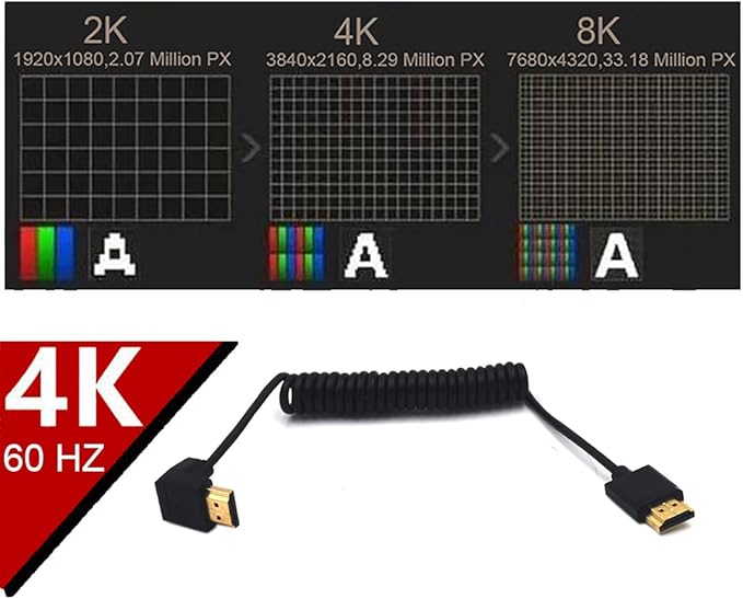 3.9ft HDMI 4K@60Hz Coiled Cable, Downward Angle HDMI 2.0 Version Male to Male High Definition Adapter Spring Spiral Cord, 18Gbps High Speed