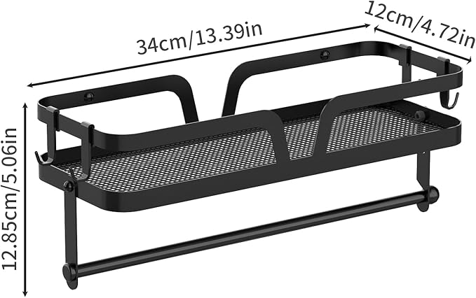 YIGII Wall Mounted Paper Towel Holder with Shelf, 2-in-1 Wall Mount Paper Towel Roll Holder, Adhesive Spice Rack with 4 Hooks for Kitchen, Garage and Tool Room, Black