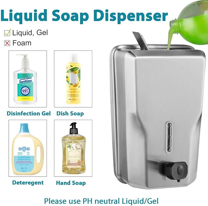 Commercial Stainless Steel Soap Dispenser โ 47.3oz Large Capacity Wall Mount, Anti-Leak Pump, SUS304 Brushed Metal for High-Traffic Restrooms
