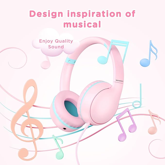 weneed Kids Headphones Wired with Microphone, Over Ear 85/94dB Volume Limited Headphones with Share Port, Stereo Sound Foldable Headset for Teens/Boys/Girls - Pink