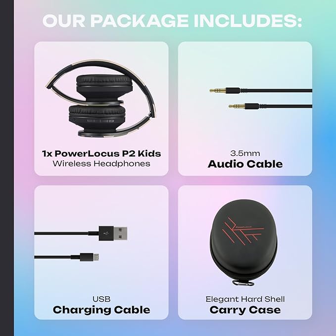 PowerLocus Kids Headphones Over-Ear, Bluetooth Wireless Headphones for Kids,with Microphone, Safe 85DB Volume Limited, Foldable with Carry Case, Audio Cable, Micro SD mode for Online Classes,PC,Phones