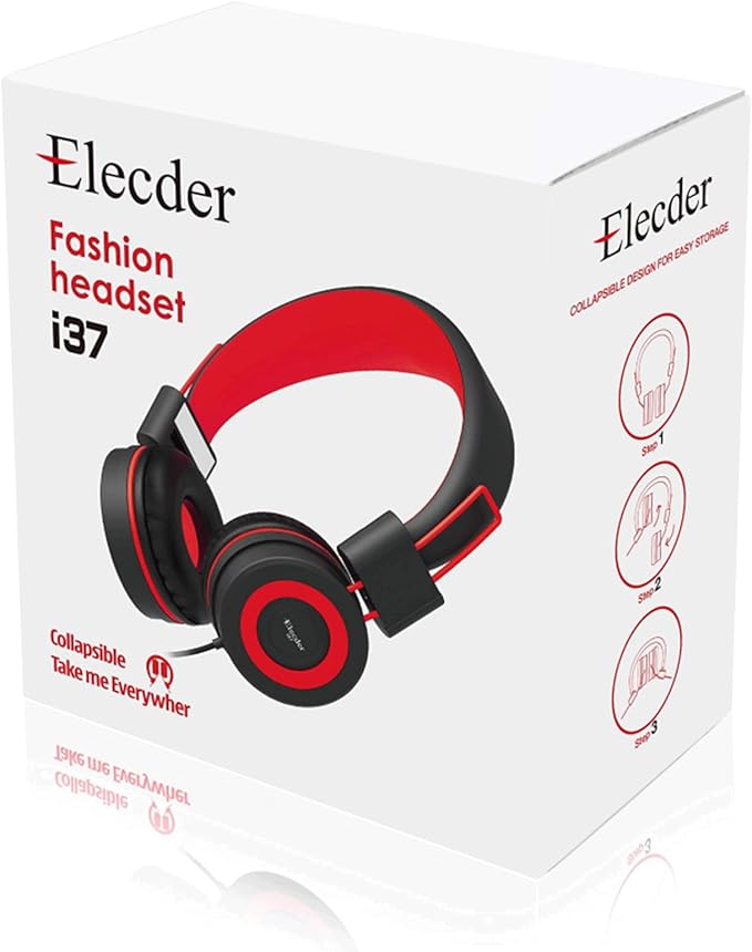 ELECDER i37 Kids Headphones for School Children Girls Boys Teens Foldable Adjustable On Ear Headphones with 3.5mm Jack for Smartphones Chromebook Laptop Computer PC Tablets Travel Black/Red
