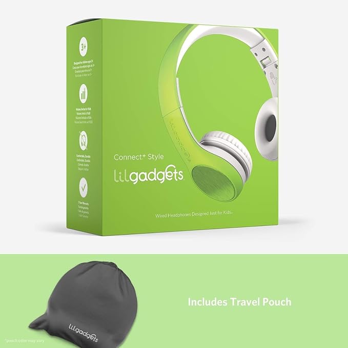 LilGadgets Connect+ Style On-Ear Kids Headphones with Microphone - SharePort Technology, SoftTouch Padding, Detachable Cable, Volume Limiting, Durable & Adjustable - Green