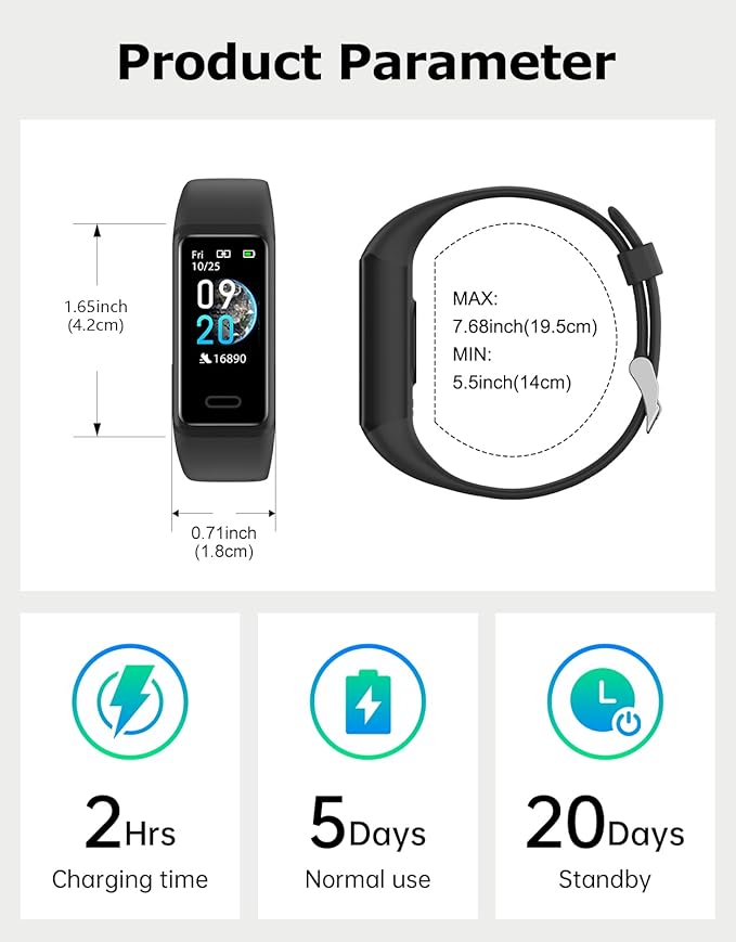 Fitness Tracker, Fitness Watches for Men Women with 24/7 Heart Rate Monitor Sleep Tracker Step/Calorie Counter Stopwatch Pedometer IP68 Waterproof (Dark Black)