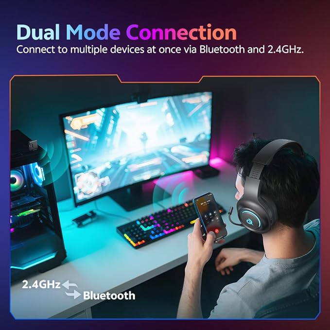 QCY Gaming Headset for PC/PS5/PS4/Switch, HEROAD V200 Over Ear Headphones, USB-C, 240Hr Battery, 7.1 Surround Sound, 2.4GHz Wireless Headphones for Multi-Platform, Bluetooth 6.0