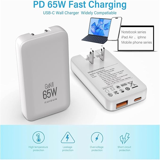 65W Slim GaN USB C Charger Block, Foladable Fast Travel Charger with UK/EU/AU 3 Plugs, 2-Port International Power Adapter for MacBook Air/Pro, iPhone 17/16/15, iPad, Galaxy S25/S24, (2026 New)