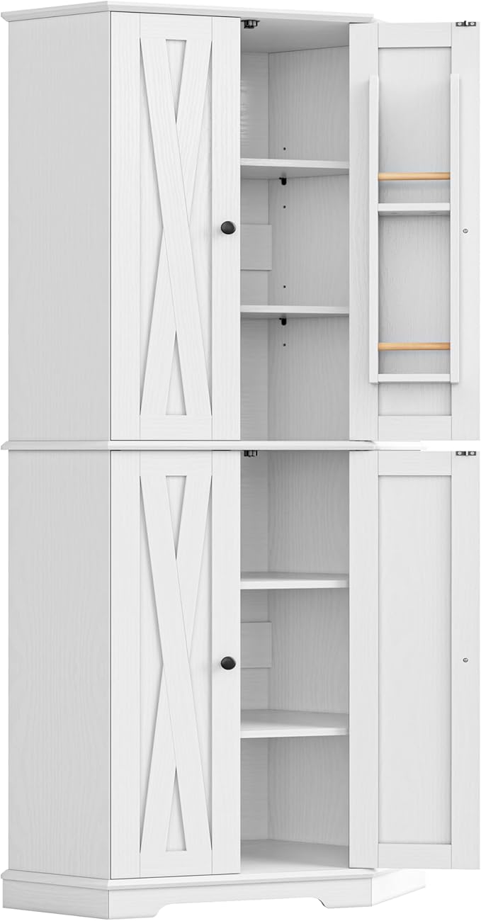 IRONCK Corner Cabinet, 72" H Kitchen Pantry Storage Cabinet, 4 Barn Doors with Storage Rack, 4 Adjustable Shelves, 6-Tier Tall Food Pantry Cabinet, Farmhouse Hutch for Kitchen Dining Room, White