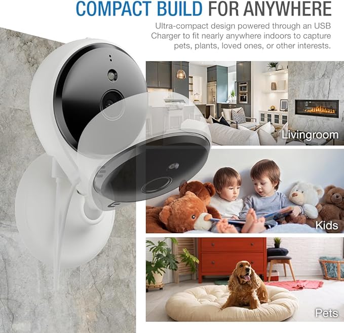 Smart Security Camera Indoor Plug-in Wired, 1080p HD IP/WiFi Cam for Home Pet Elderly Video Monitoring, Two-Way Audio + Phone App, Motion Dection, Compatible with Alexa (White)