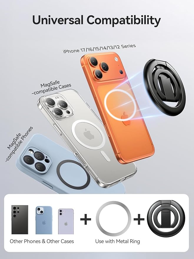 tounee Double-Sided Magnetic Phone Ring Holder Compatible with MagSafe, N52 Strong Magnet Grip & Foldable Kickstand for Gym Rack, Fridge, Fits iPhone 17 16 15 14 Pro Max - Black