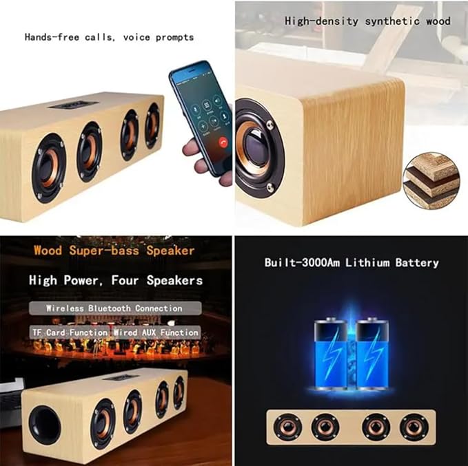 12W Professional Stereo Home Theater Wireless Wooden Speaker Natural Wooded Material 3D Stereo Wireless HiFi 4 Speakers Rechargeable Bass Effect Sound Bar for PC TV Mobile