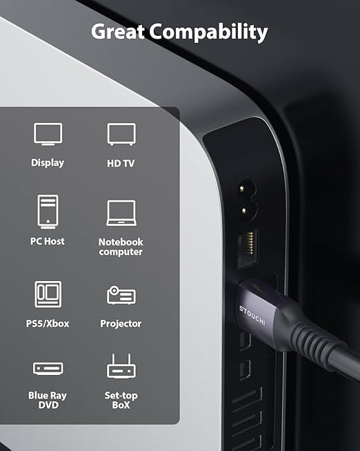 Stouchi 8K HDMI Cable 15FT/5M 48Gbps Ultra High Speed Extra Long HDMI® Cord CL3 in-Wall Rated, 4K@120Hz 8K@60Hz eARC DTS:X HDCP 2.2&2.3 HDR10+ Compatible for PS5 SoundBar AVR UHD TV