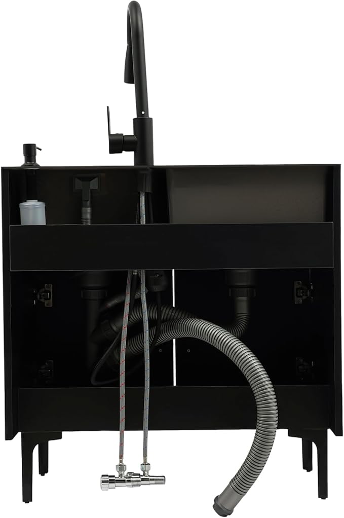 30-Inch Laundry Sink with Cabinet and Pull-Out Sprayer Faucet, Freestanding Kitchen Sink Cabinet with Stainless Steel Sink & Draining Basket, Wash Station Tub for Laundry & Bathroom, Kitchen