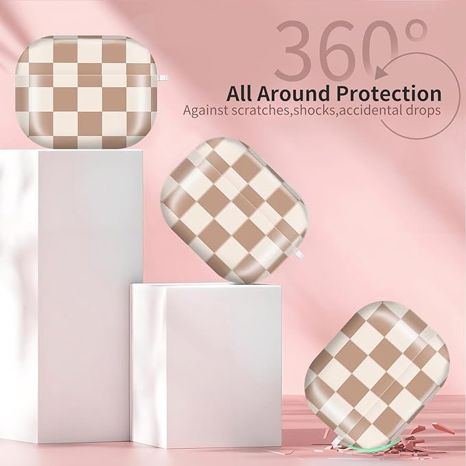 Compatible with AirPods Pro 3rd Generation 2025 Case Cover with Gold Keychain - Cute Protective Hard AirPod Pro 3 Cases for Women - Beige Coffee Checkered