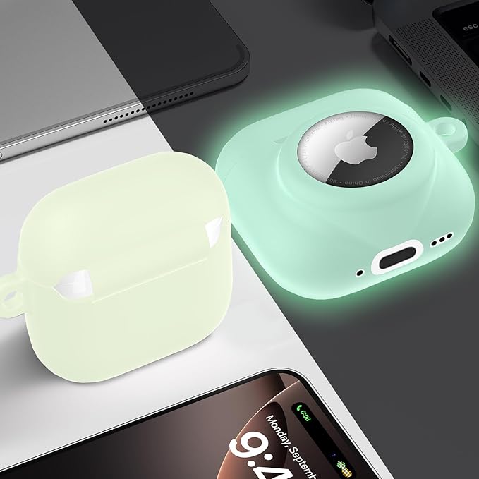 2 in 1 Silicone Case Compatible with AirPod 4 and AirTag 2/1, Shockproof Protective Skin Cover for AirPods 4th Generation with Cleaner Kit & Carabiner (Glow Green)