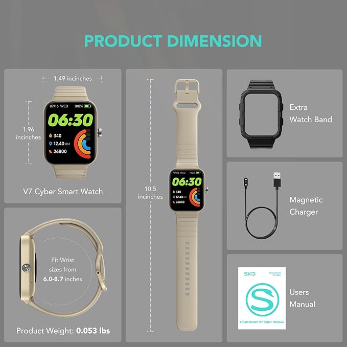 SKG Smart Watch for Women Men (Answer/Make Call), Alexa Built-in, Extra Black Band, IP68 Smartwatch for Android iPhone, 100+ Sport 1.8" Fitness Tracker with Heart Rate SpO2 Monitor, V7 Cyber Beige