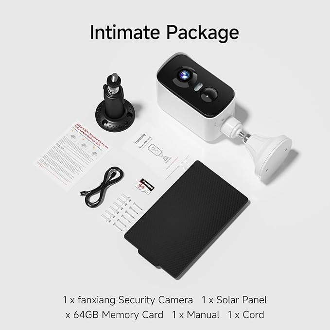 fanxiang 2K Wireless Security Camera Outdoor with Solar Panel & 64GB Card, Rechargeable Battery Camera Wireless WiFi, 300° Pan Rotating, PIR, Color Night Vision, AI Motion Detection, 2-Way Audio, IP65