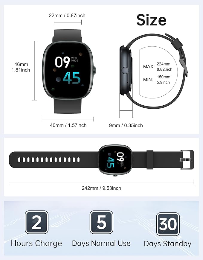 HUAKUA Smart Watches for Women Men Compatible with iPhone/Android Phones Answer/Make Calls, 1,85" HD Fitness Tracker with Heart Rate/Sleep Monitor Pedometer for Walking Running, Waterproof, Black