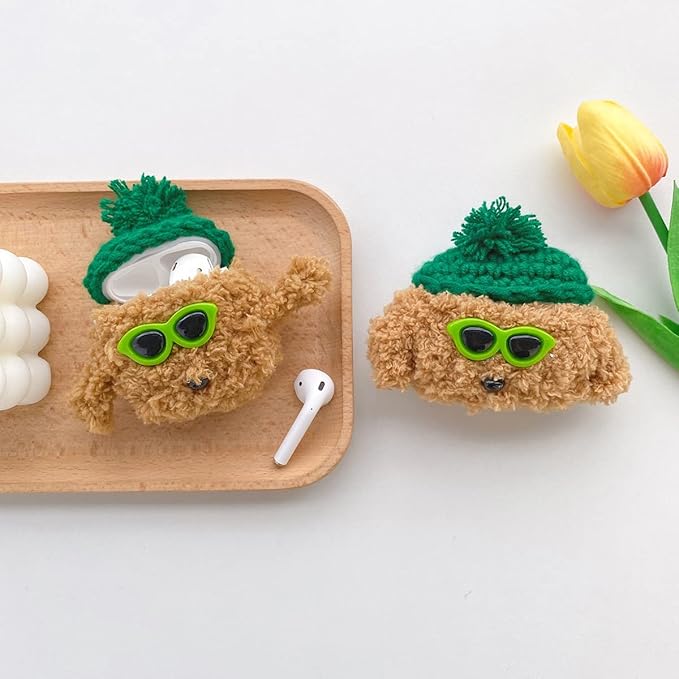 Yatchen Plush Case for AirPods 1&2,Kawaii Cute 3D Cartoon Fur Teddy Dog with Green Hat Sunglasses Funny Furry for Airpods 2nd 1st Generation Cover with Keychain Protector Women Girls