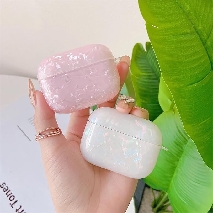 for Cute Glitter Airpods Pro 2nd/1st Generation Case with Cleaner Pen, Shell Pattern Airpods iPod Pro 2 Gen Cover Protective Skin Girl Women with Luxury Pearl Keychain 2023/2022/2019 - Pink