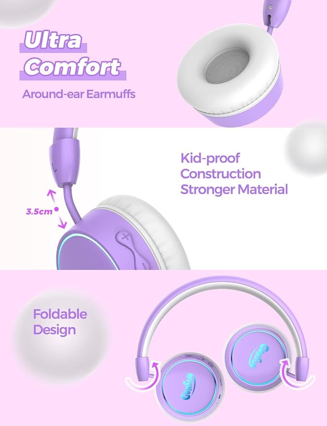 gorsun Kids Bluetooth Headphones, 85dB Volume Limited, 68 Hours Playtime, Bluetooth 5.4, Colorful LED Lights Toddler Headphones Wireless with Microphone, Birthday Gift for 1-13 Year Olds (Purple)