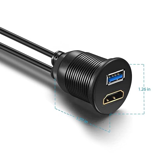 USB3.0 and HDMI Mount Cable – USB3.0 and HDMI Extension Flush, Dash, Panel Mount Cable, for Car, Boat, Motorcycle (3 Feet)