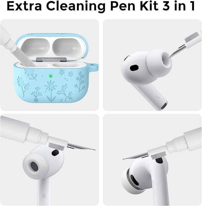 AhaStyle AirPods Pro 3 Case Cover (2025) Flower Engraved Cute Silicone AirPods Pro 3rd Generation Case Full Body Shockproof Cover Skin for Apple AirPods Pro 3rd Gen with Cleaning Kit for Women Girls