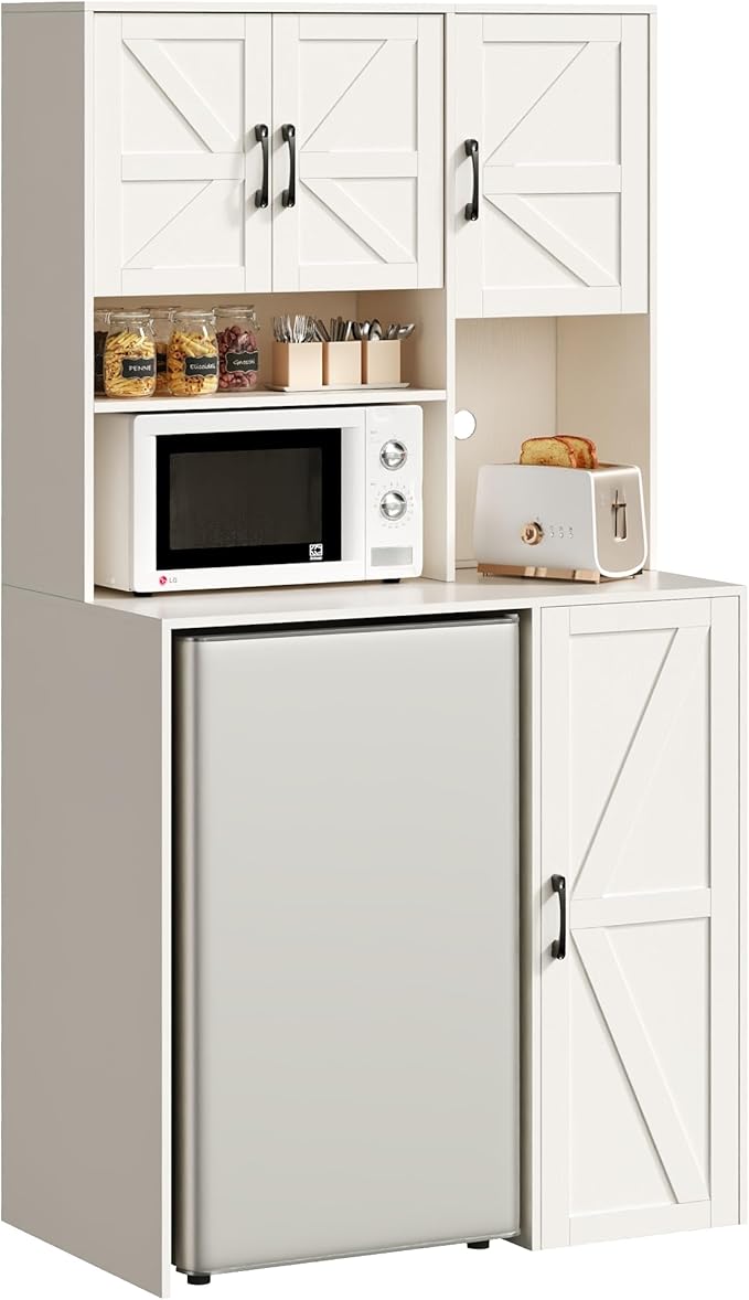 Mini Fridge Cabinet with Storage, Coffee Bar Cabinet with Mini Fridge Space and Outlet, Wine Bar Stand with Microwave Shelf, Beverage Station for Kitchen, Dorm, Office White KH02MRW