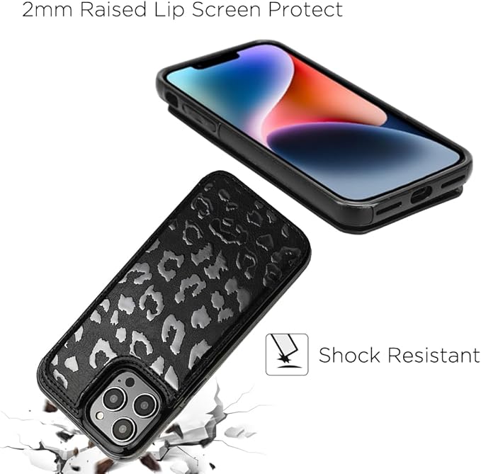 uCOLOR Compatible with iPhone 14 Pro Max 6.7" Wallet Case with Card Holder Folio Flip PU Leather Kickstand Card Slots Case Double Magnetic Clasp and RFID Blocking Cover 6.7 Inch (Black Leopard)