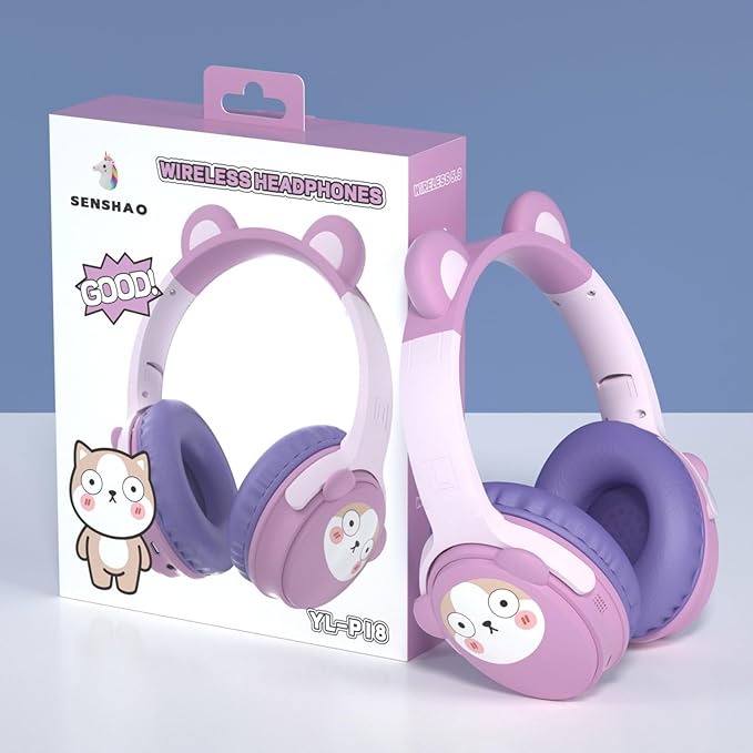 Kids Bluetooth Headphones, 85dB Safe Volume Limit, Stereo,Foldable Cute Up Cat Ear Children,Cartoon Animal Design,Ultra-Soft Over-Ear,Suitable for School & Travel (Purple)