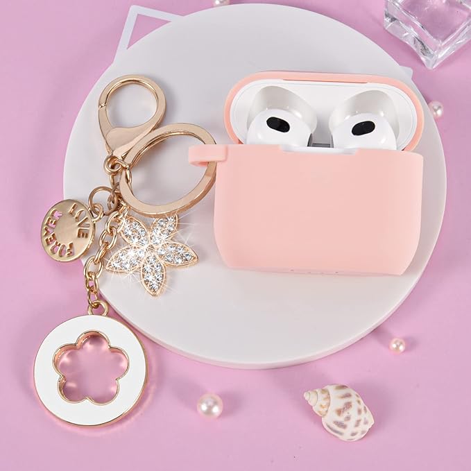 VISOOM Case for Airpods 3 Pink Airpods 3rd Cases 2021 Silicone for iPod 3 Earbuds Case Cover Women Wireless Charging Case with Accessories Girl Bling Keychain for Apple Ear Buds 3rd Generation