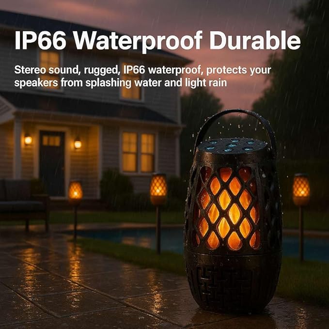 Outdoor Speakers, Colorful LED Flame Speaker Gift for Men, Bluetooth 5.3, Stereo Sound, Portable Wireless Speaker with Stake, Hook for Patio/Yard/Porch