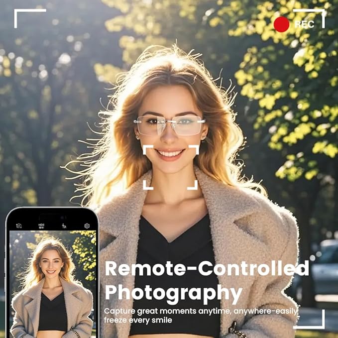 Smart Glasses Rimless Smartglasses with Bluetooth Speaker,Remote Control Photo Taking/UV Protection Voice Control (Photochromic Lenses)