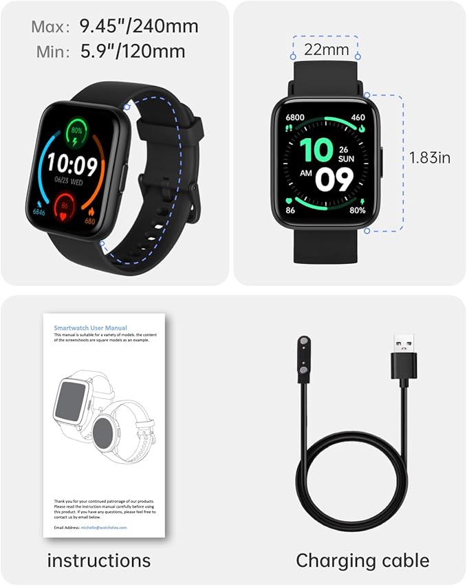 Smart Watch with Voice Assistant, 1.83" HD Touchscreen Fitness Tracker with Bluetooth Calling, 120+ Sports Modes, Heart Rate/Sleep Monitor, IP68 Waterproof Smartwatch for Android iOS, for Men Women
