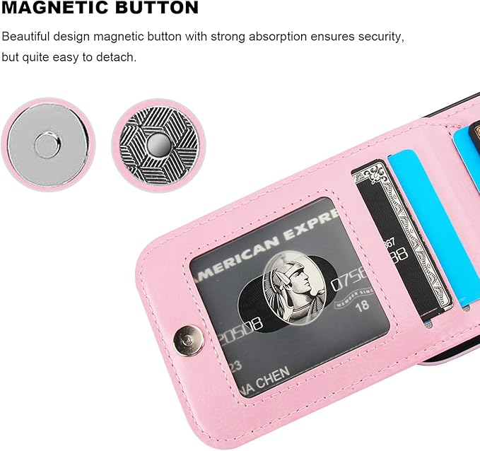 KIHUWEY Compatible with iPhone 15 Case Wallet with Credit Card Holder, Flip Premium Leather Magnetic Clasp Kickstand Heavy Duty Protective Cover for iPhone 15 6.1 Inch (Pink)