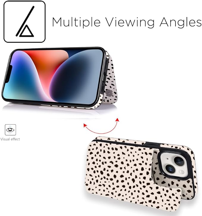 uCOLOR Compatible with iPhone 14/15 Plus 6.7" Wallet Case with Card Holder Slots Folio Flip PU Leather Kickstand Magnetic Clasp and RFID Blocking Cover (Almond Latte Polka Dot)