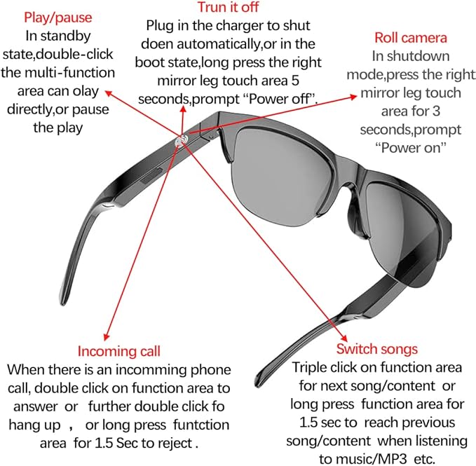 F06 Smart Glasses Open Ear Bluetooth Sunglasses for Men Women 5.3 Bluetooth Smart Sunslasses Touch Control Music Calling with UV Filtered Lenses, Storage Case for Outdoor Running Cycling
