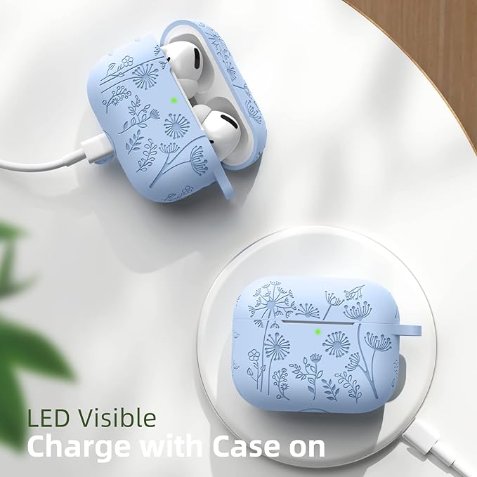 Lerobo Flower Engraved Case for AirPods Pro 2 Case Cover, Cute Soft Silicone Skin Cover Full Protective Case Compatible with Apple AirPods Pro Case 2nd 1st Generation USB C 2023/2022 Front LED Visible