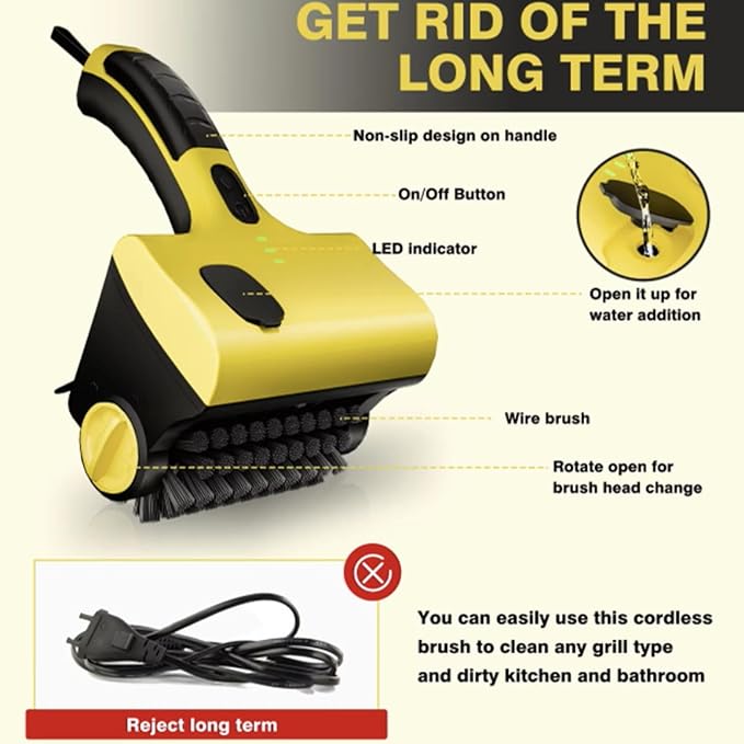 Electric BBQ Brush Grill Cleaner Rechargeable with Replaceable Stainless Steel and PP Brush Head - Cordless Power Roller Blasts Rotating Cleaning Brush for Outdoor BBQ, Kitchen, Bathroom (1PC)
