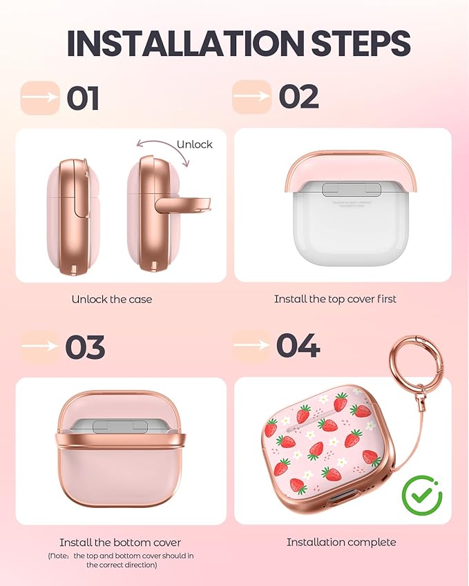 Coralogo for AirPods 4 Case with Safety Lock - Cute Cartoon for Women Girls Fashion Stylish Strawberry Pattern Design Kawaii Girly Girlish Hard Protective Cover for AirPods 4th Generation 2024