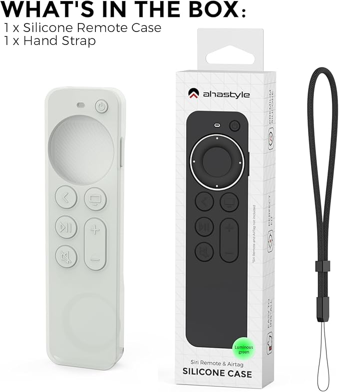 AHASTYLE Portable Electronic Device Cover for 2022 Apple TV 4K HD Siri Remote 3rd Generation, Glow Green Case with AirTag Holder and Anti-Slip Hand Strap