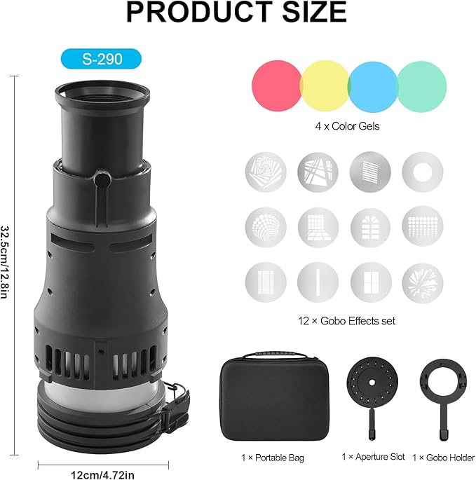 WELLMAKING Profoto Mount Optical Snoot Conical S-290 Kit. Adjustable Focus, 36° Lens, Aperture Modifier, 4 Color Filters, and 12 Gobos; for Photography, LED and Strobe Light, Studio Video Artist