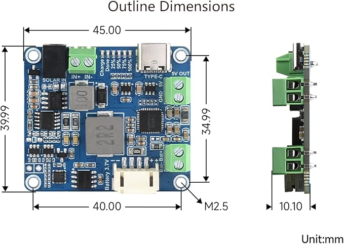 Waveshare Solar Power Manager Module (D), Supports 6V~24V Solar Panel and Type-C Power Adapter, 5V/3A Regulated Output for Raspberry Pi/Jetson Nano, with Battery Holder (Batteries Not Include)