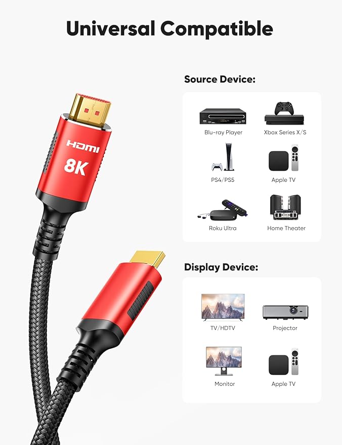 Snowkids 8K HDMI Cable 2.1 Long 15FT 2-Pack, Ultra 48Gbps High Speed 8K@60Hz 4K@120Hz 144Hz Braided HDMI Cord HDCP 2.2&2.3, eARC,HDR10, Dynamic HDR Compatible with TV/PS-5/HDTV