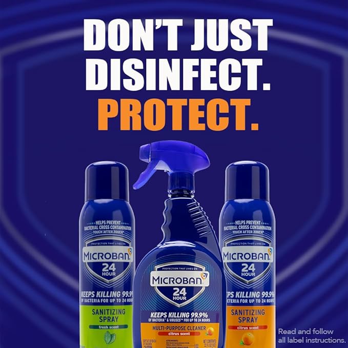 MICROBAN Sanitizing Spray, 15 oz., 2 Pack, Citrus, Penetrates Soap Scum, Greasy Soils and Reduces Odors, Keeps Killing 99.9% of Bacteria on Hard, Non-Porous Surfaces in Your Home for up to 24 Hours
