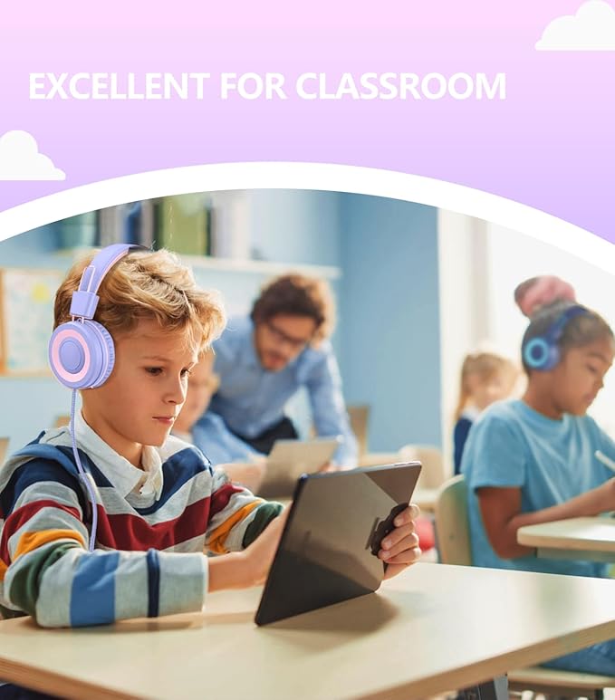 Upgrade USB Type C Kids Headphone for School, 94dB Safe Volume Limited, HD Stereo Sound, Foldable Lightweight On-Ear Headphones for Boys/Girls/Students/Tablet/Travel(Light Purple)