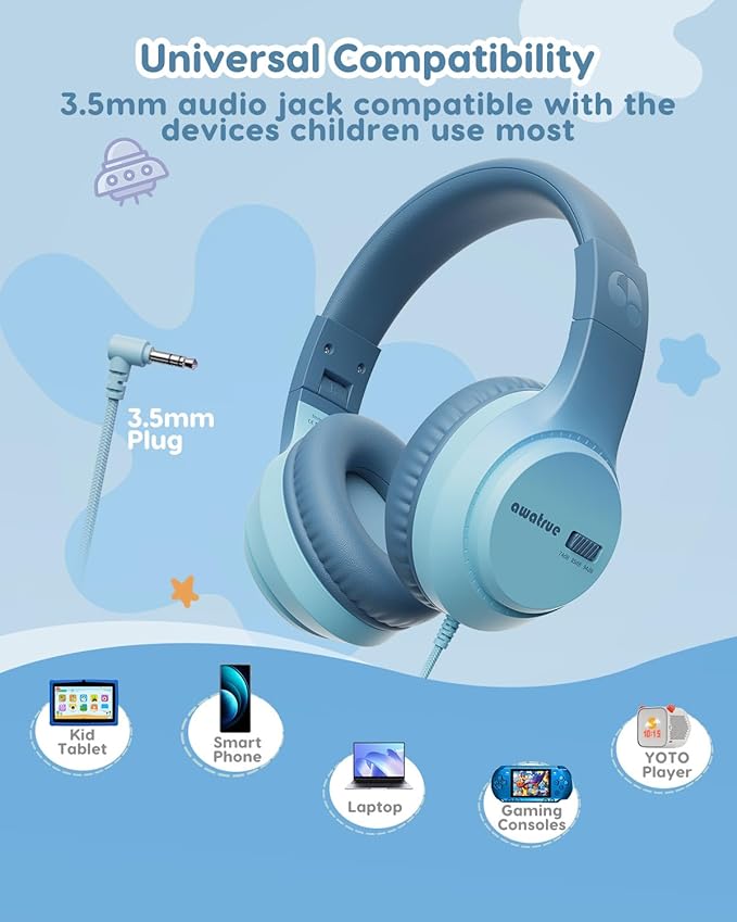 Kids Headphones, 74/85/94dB Volume Limiter, Foldable Wired Over Ear Headphones for Travel, 3.5mm Jack, Toddler Headphones for School, Chromebook, iPad, Tablet, Green