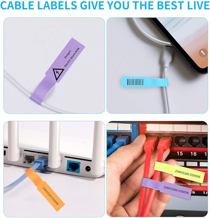 300 Pcs Cable Labels, JIQEZNL Premium 10 Colors Wire Labels Electrical, Waterproof Cord Label Electronics Tags for Cables Management, Self-Adhesive Cable Label Tags for Laser Printer and Handwriting
